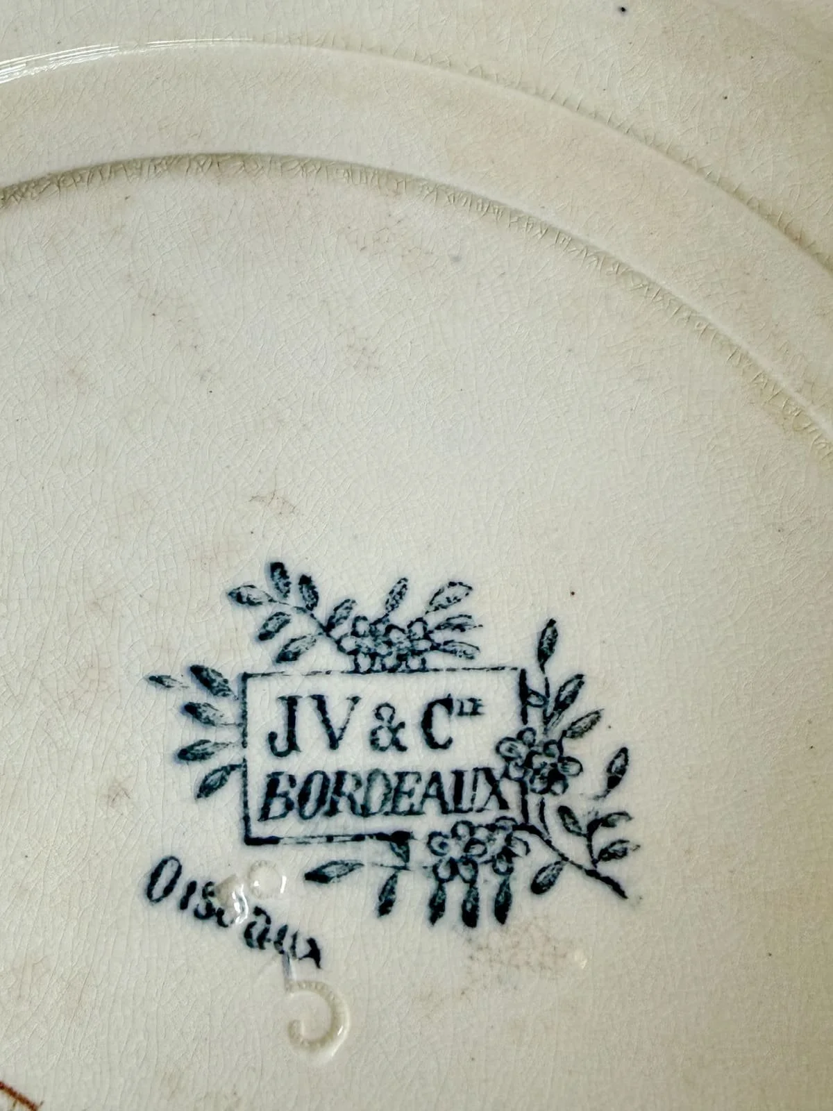 Antique French Terre de Fer Blue Transferware Bird Plates